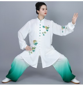 Green Gradient chinese kung fu uniforms for women leaves pattern tai chi clothing martial art wushu performance clothes for female
